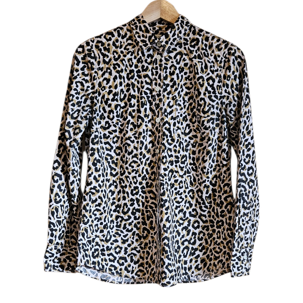 J. Crew Women Leopard Print Cotton Long Sleeve Button Down Shirt Tan Size Small
